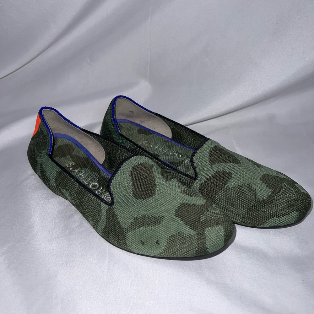 Rothy's The Loafer Women 8.5 Olive Camo Knit Fabric Slip On Flats Round Toe EUC